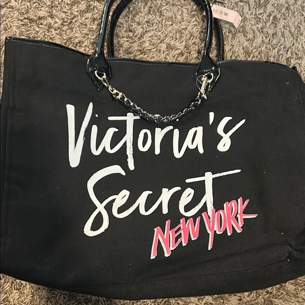 Victoria's Secret Black and White Tote Bag with Chain Detail